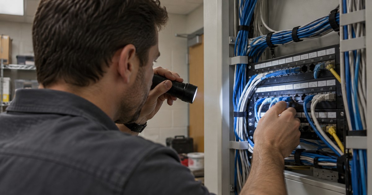 A technician inspects cables in an office network cabinet.