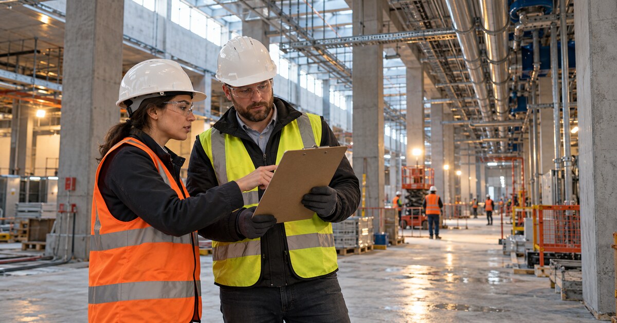 A finance analyst and construction engineer review plans inside an unfinished data-centre building.
