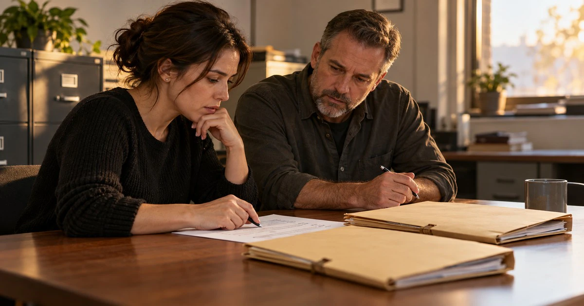 Two investigators review a paper incident checklist and personnel folders.