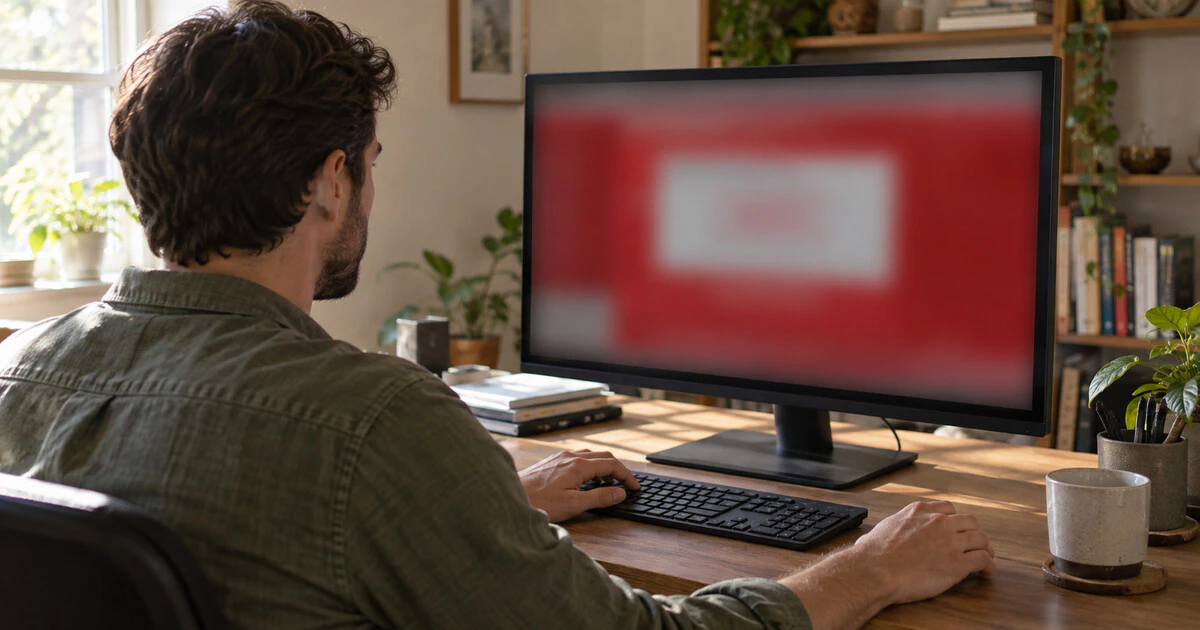 A person faces a desktop monitor showing a blurred red browser warning.