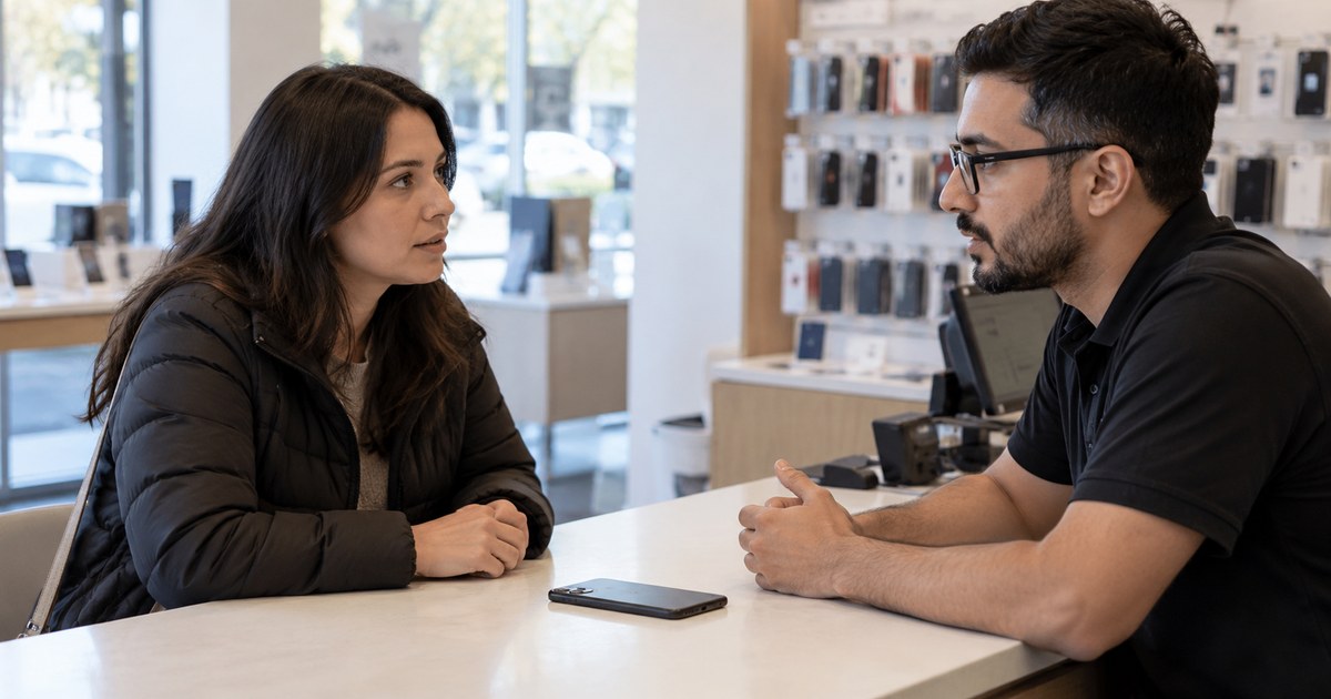 A customer speaks with a mobile shop clerk across a counter with a face-down phone between them.