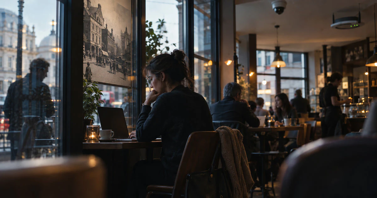 A person using a laptop in a busy cafe with a security camera and Wi-Fi router visible behind them.