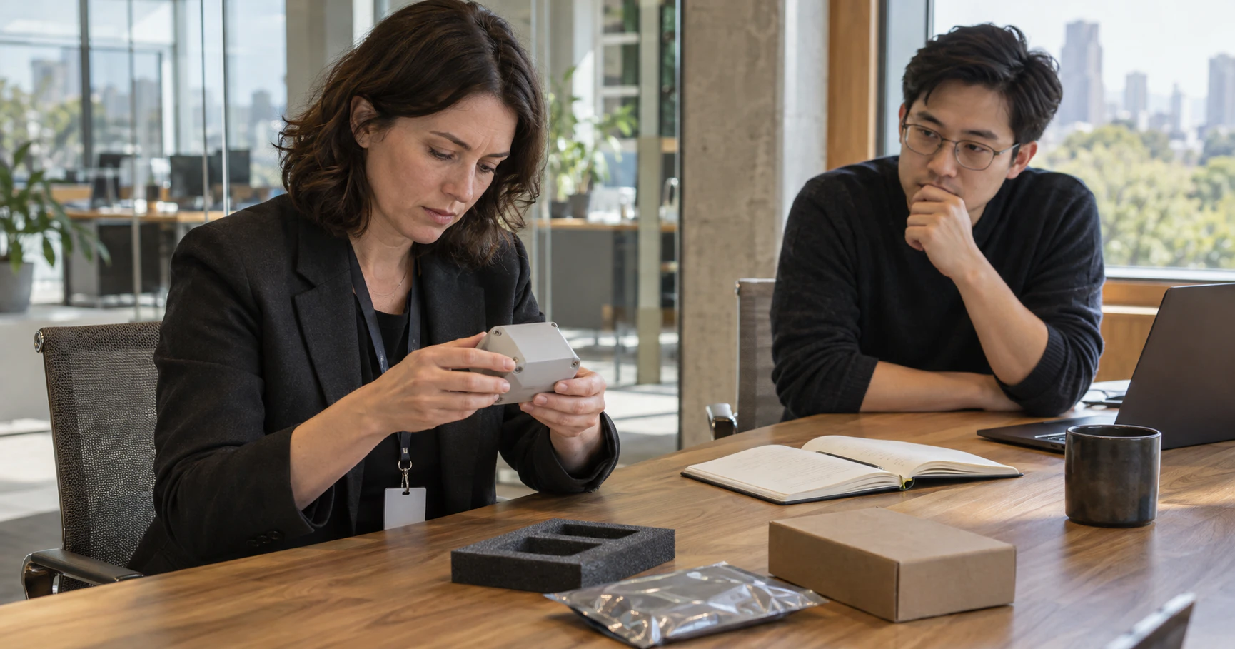 An outside evaluator examines a test device while an employee observes in a meeting room.