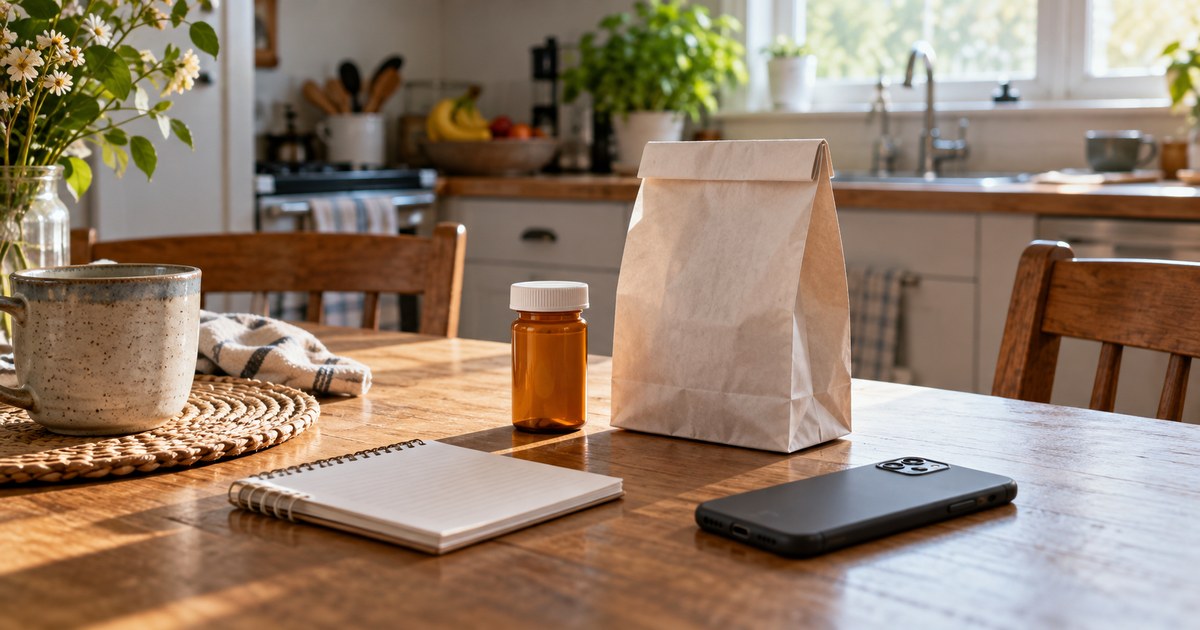 A pharmacy bag, prescription bottle, notebook and face-down phone on a kitchen table.