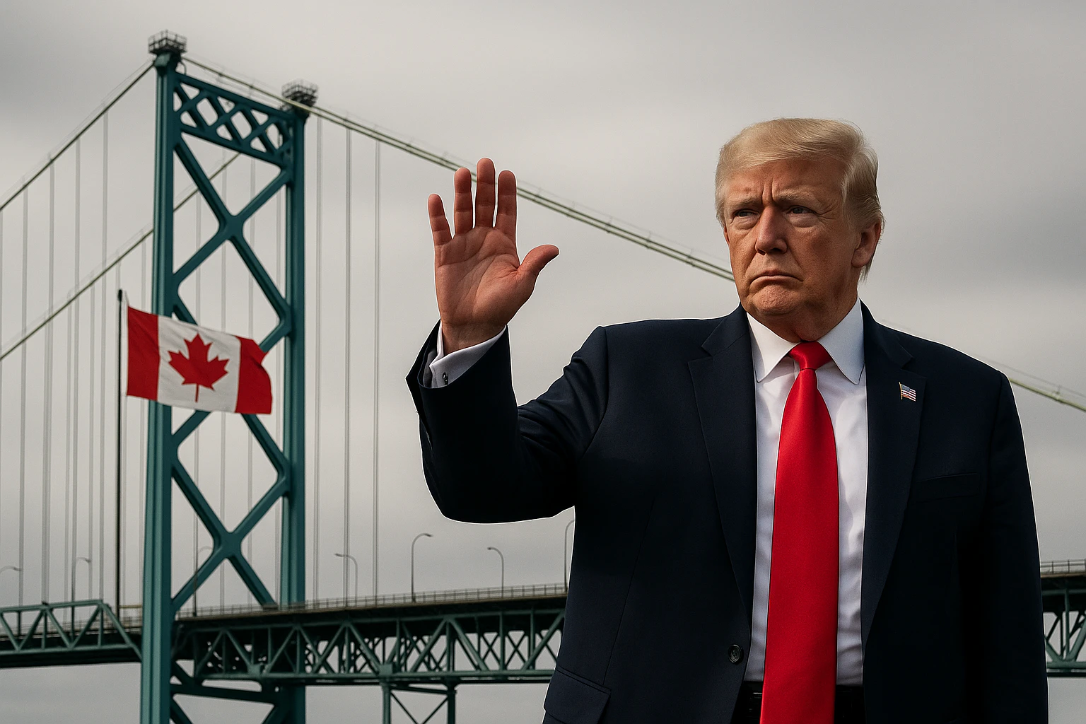 Fictional Trump at the Gordie Howe bridge