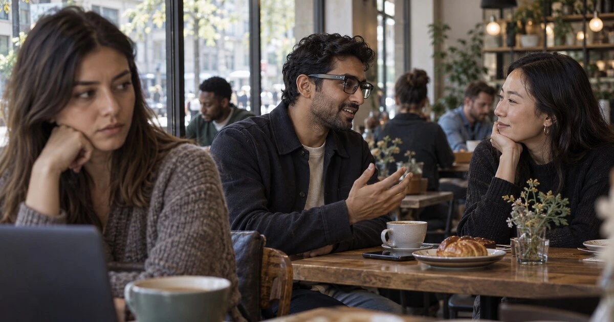 A cafe patron notices a nearby man wearing camera-equipped smart glasses.