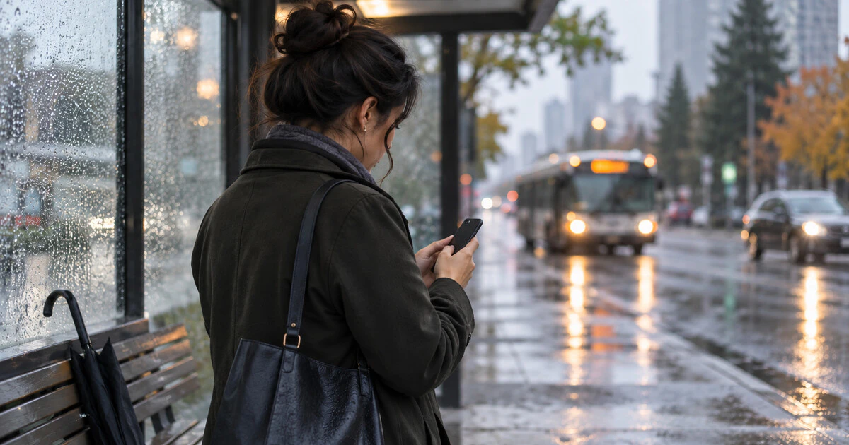 A commuter uses a phone at a rainy Canadian bus stop.