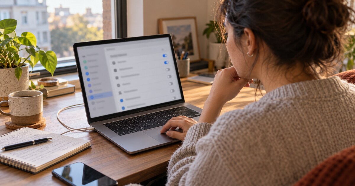A laptop user reviews privacy settings at a sunlit home-office desk.