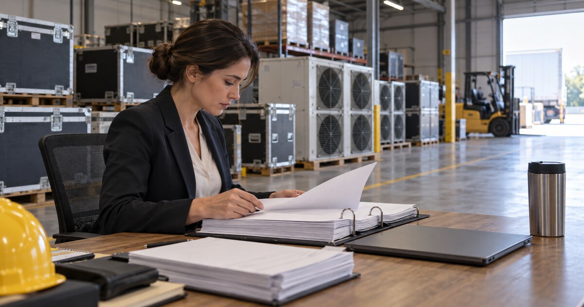 A finance analyst reviews a thick binder beside equipment cases and cooling units in a warehouse.