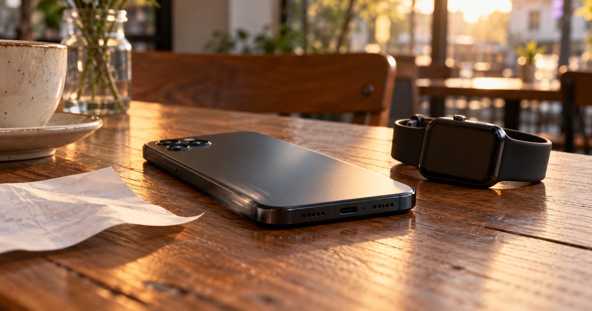 A face-down smartphone rests beside a smartwatch on a café table.