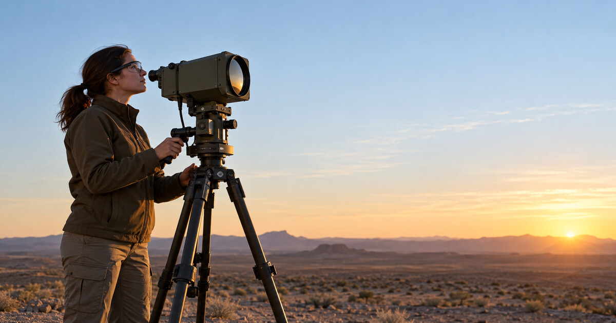 A defence test engineer operates an optical tracker on a desert range in an illustrative scene.
