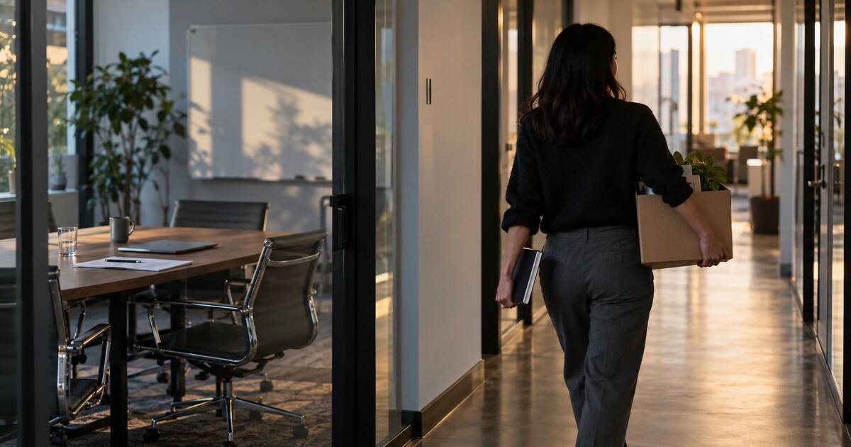 A professional carrying a desk box walks away from an empty office meeting room.