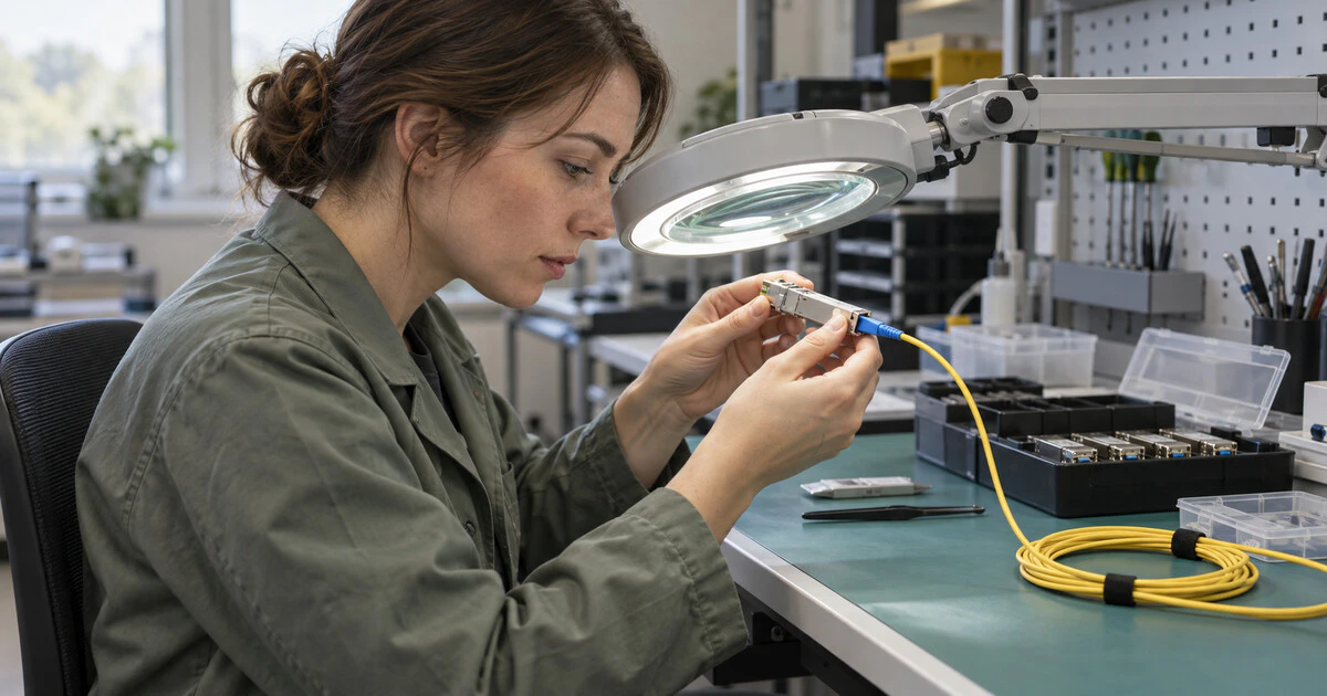 A technician inspects an optical transceiver connected to a fibre cable.