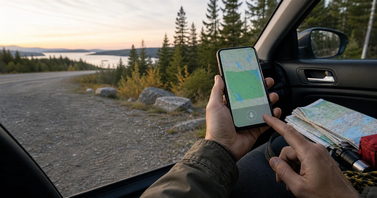Traveller downloading a map on a phone inside a parked car beside a northern Ontario road