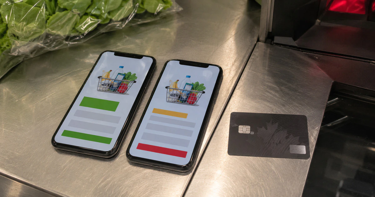 two devices showing consumer spending at a grocery store with items in the cart