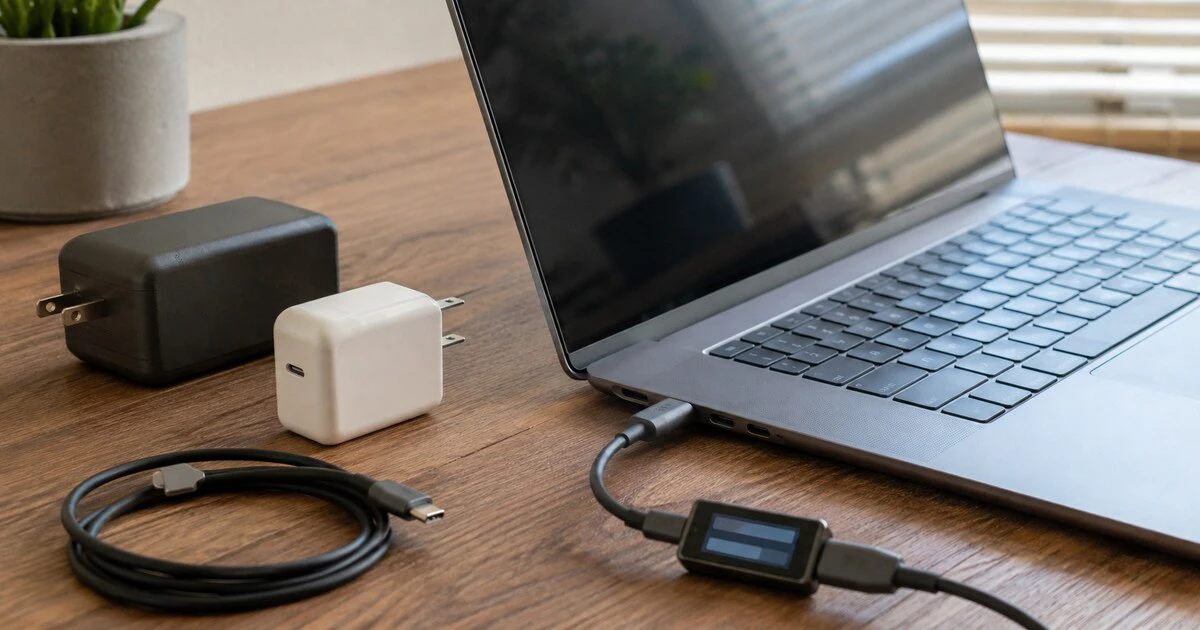 A laptop connected to a power source