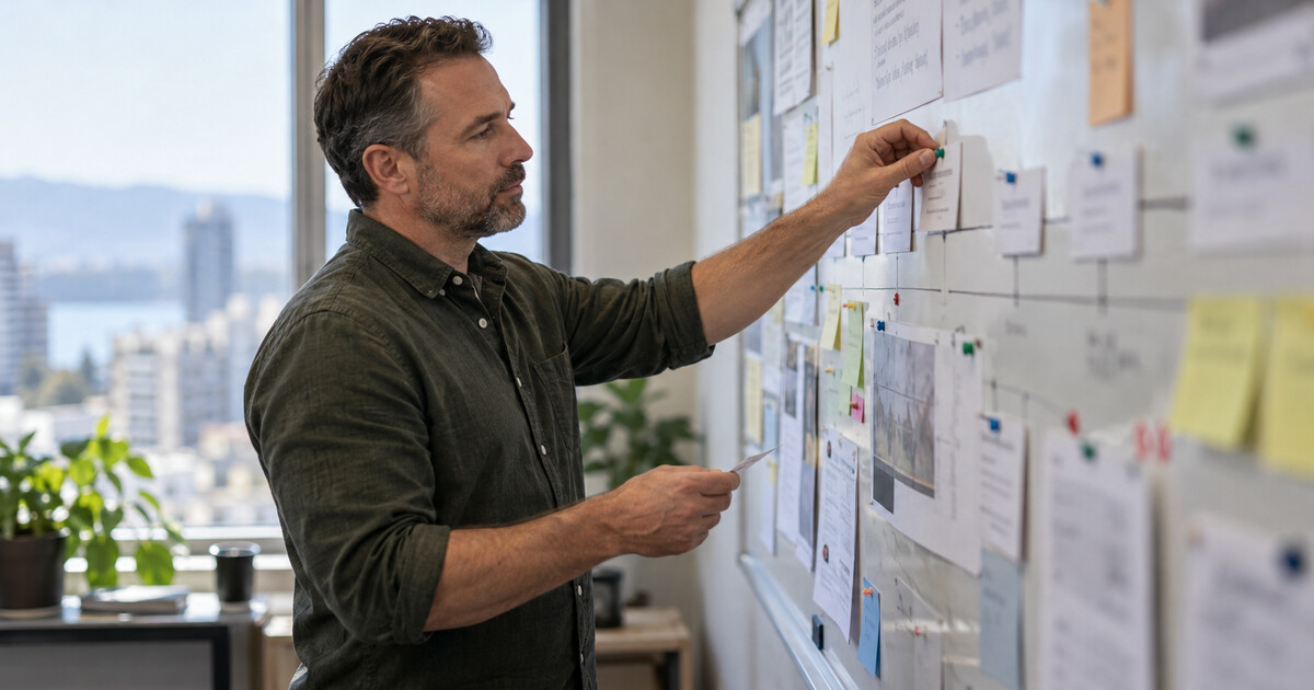 An operations manager updates an incident timeline on a wall board in an illustrative office scene.