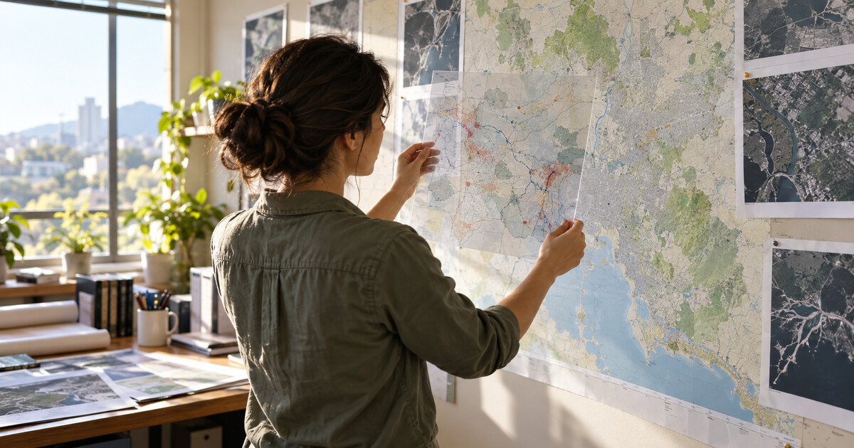 A public-health analyst studies a large paper map in a sunlit office.
