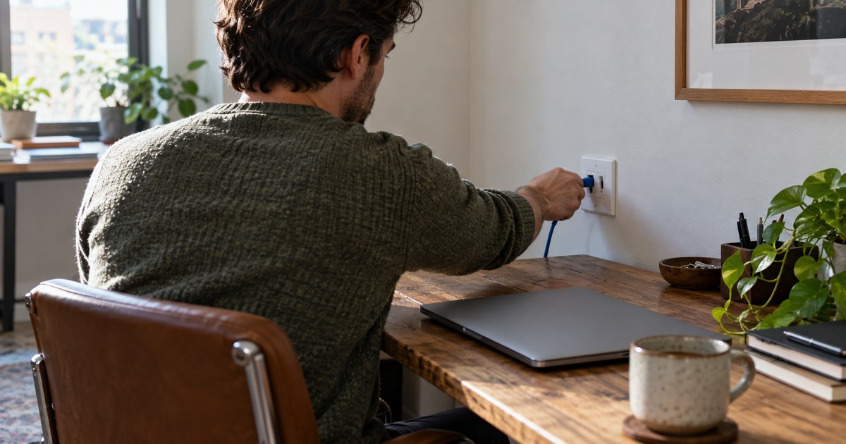 A person handles a network cable at a wall jack beside a closed laptop.