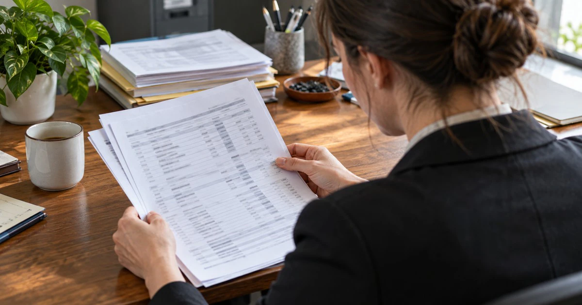 An analyst reads printed access records at an office desk.