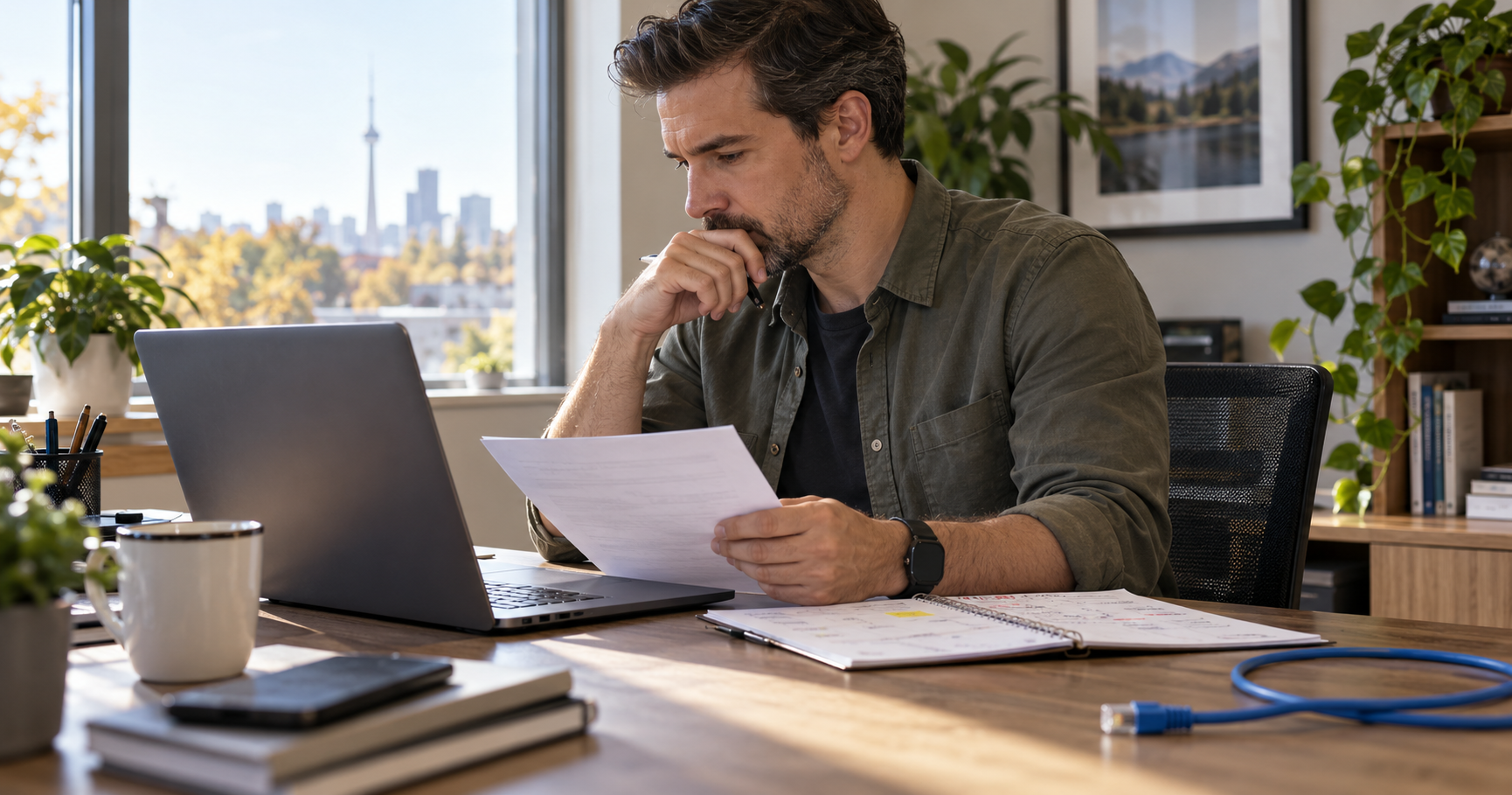 A network administrator reviews a maintenance checklist beside a laptop and Ethernet cable.