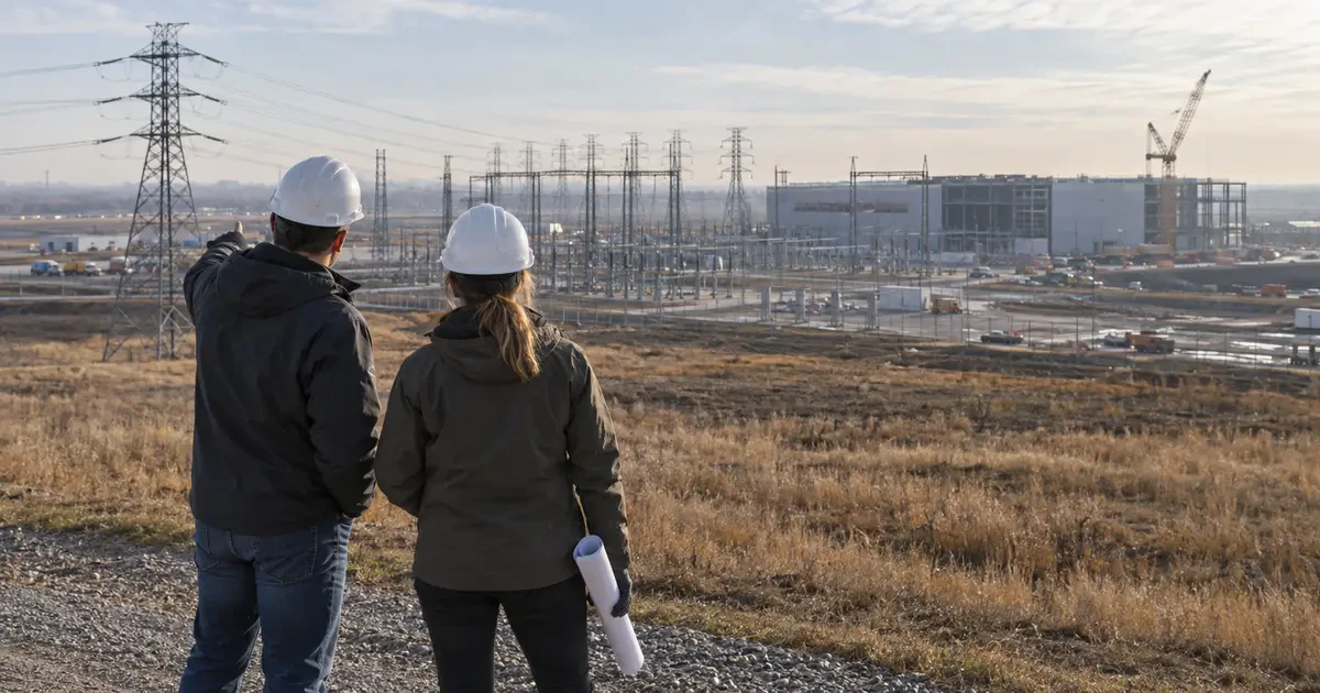 Two utility planners look across an Alberta prairie toward a substation and data centre under construction.