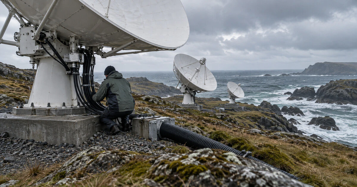 A technician services satellite ground-station equipment on a rocky Atlantic coast.