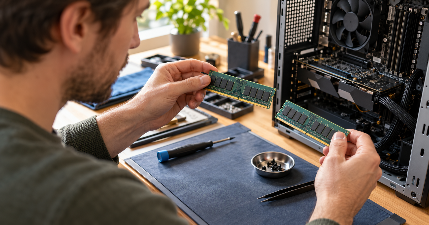 A technician compares two memory modules beside an open desktop computer.